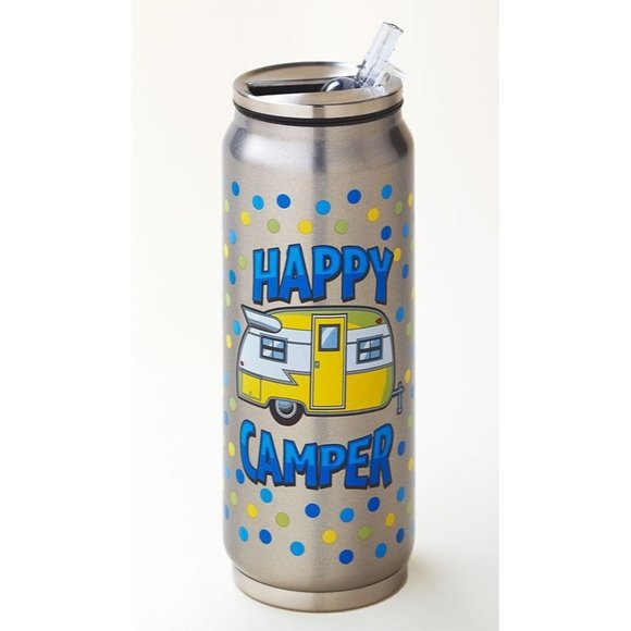 Happy Camper Travel Mug Stainless Steel Beverage Can Flip-Top Spout NEW - Picture 1 of 2